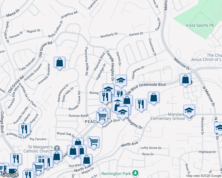 map of restaurants, bars, coffee shops, grocery stores, and more near 1529 Temple Heights Drive in Oceanside