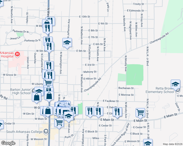 map of restaurants, bars, coffee shops, grocery stores, and more near 604 Mahony Street in El Dorado