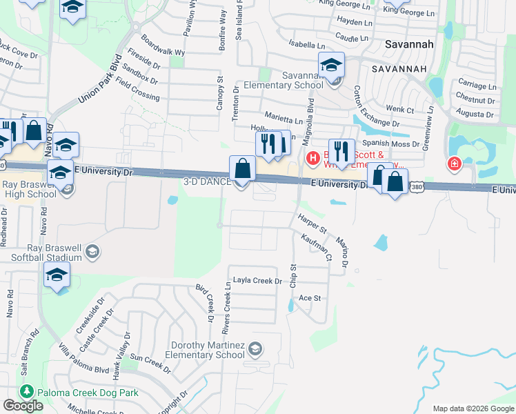 map of restaurants, bars, coffee shops, grocery stores, and more near 26778 U.S. 380 in Aubrey