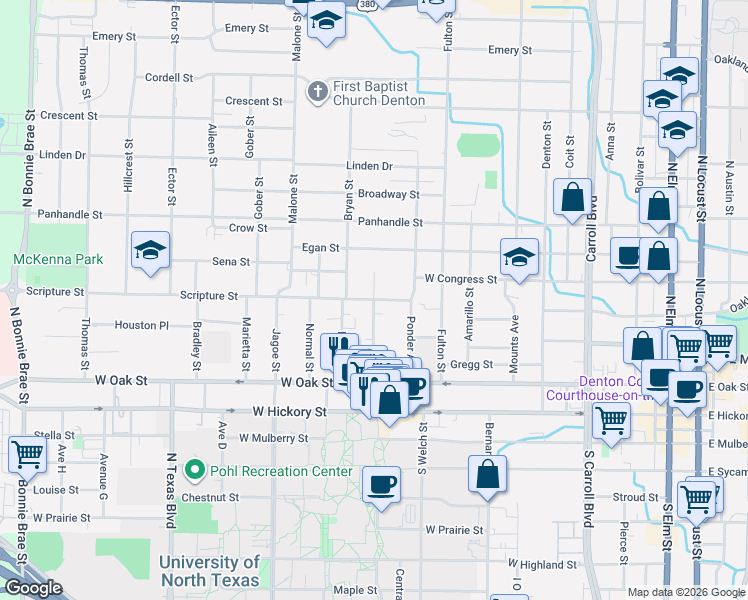 map of restaurants, bars, coffee shops, grocery stores, and more near 1310 Scripture Street in Denton