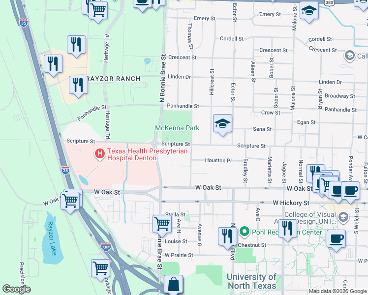 map of restaurants, bars, coffee shops, grocery stores, and more near 2271 Scripture Street in Denton
