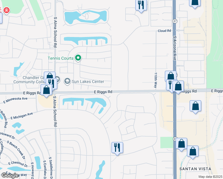 map of restaurants, bars, coffee shops, grocery stores, and more near 10729 East Coopers Hawk Drive in Chandler