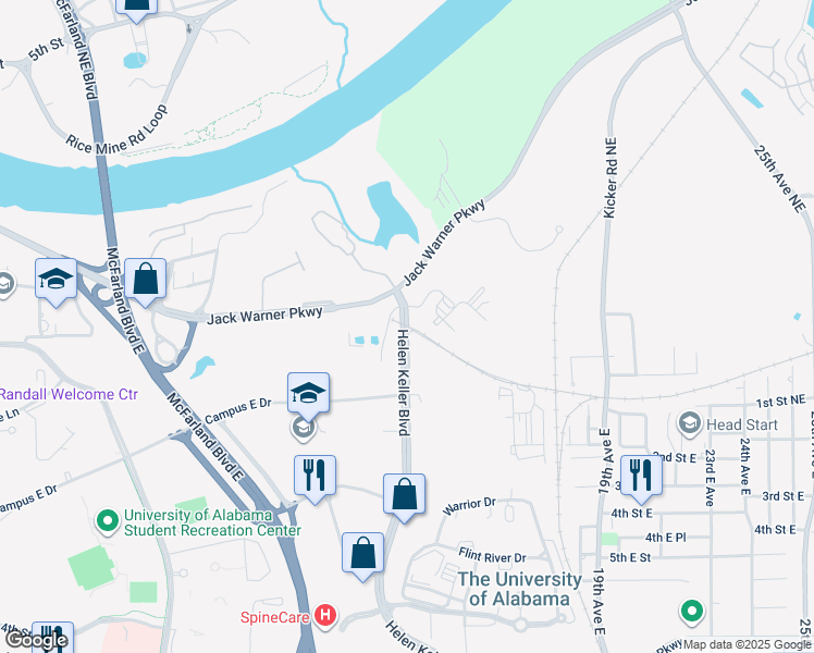 map of restaurants, bars, coffee shops, grocery stores, and more near 219 Helen Keller Boulevard in Tuscaloosa