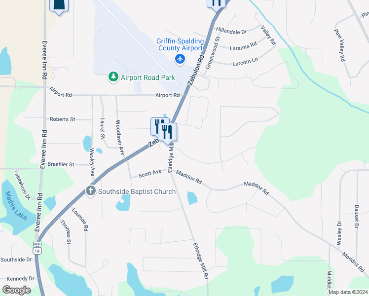 map of restaurants, bars, coffee shops, grocery stores, and more near 107 Cold Water Lane in Griffin