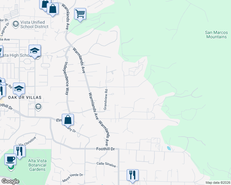 map of restaurants, bars, coffee shops, grocery stores, and more near 1919 Camino Loma Verde in Vista