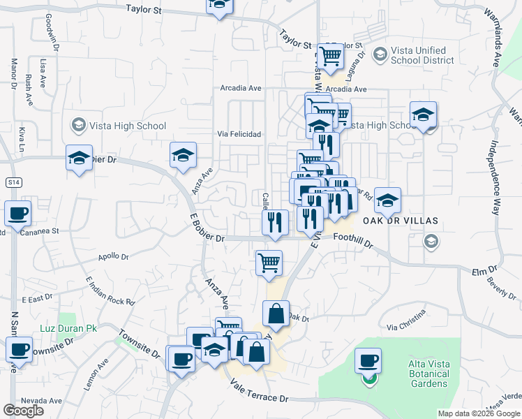 map of restaurants, bars, coffee shops, grocery stores, and more near 1370 Calle Jules in Vista