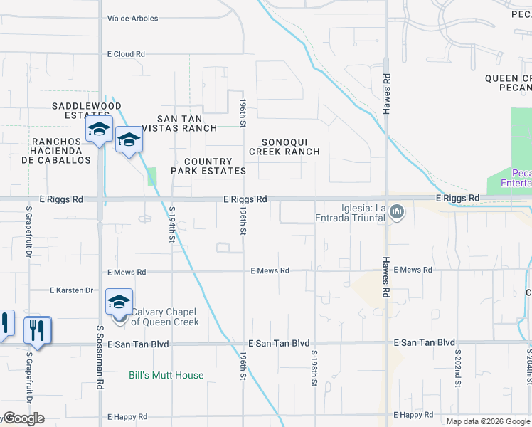 map of restaurants, bars, coffee shops, grocery stores, and more near 25224 South 196th Way in Queen Creek