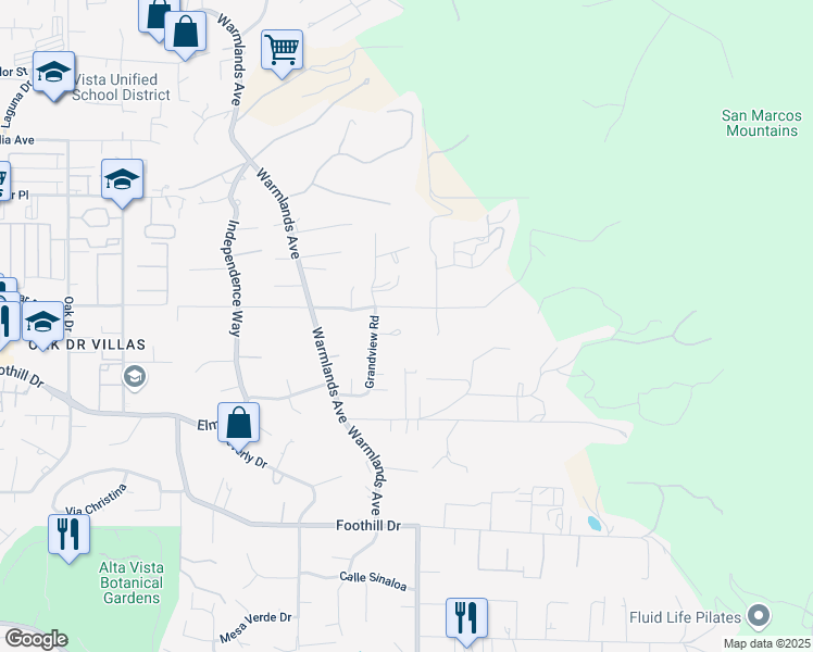 map of restaurants, bars, coffee shops, grocery stores, and more near 1919 Camino Loma Verde in Vista