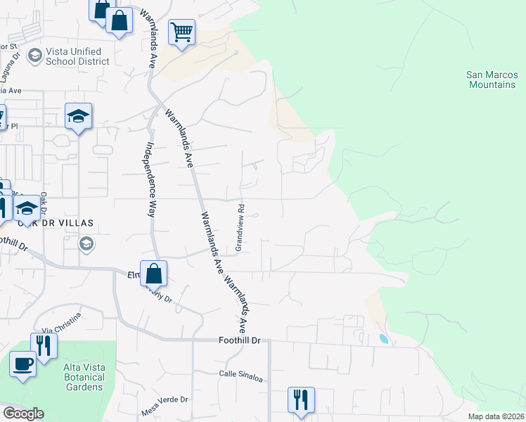 map of restaurants, bars, coffee shops, grocery stores, and more near 1918 Odell Circle in Vista