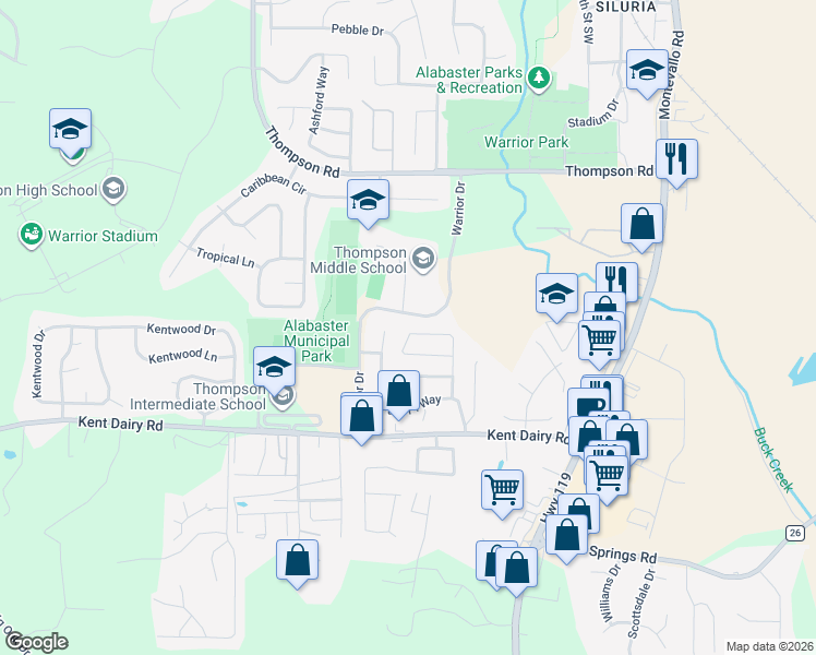 map of restaurants, bars, coffee shops, grocery stores, and more near 160 Park Place Lane in Alabaster