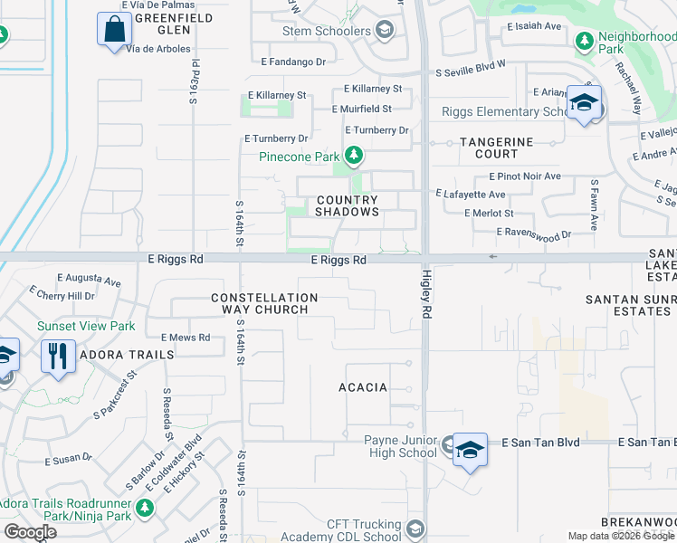 map of restaurants, bars, coffee shops, grocery stores, and more near 7172 South Banning Court in Gilbert