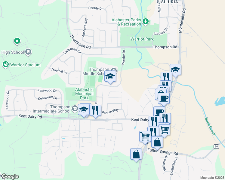 map of restaurants, bars, coffee shops, grocery stores, and more near 160 Park Place Lane in Alabaster