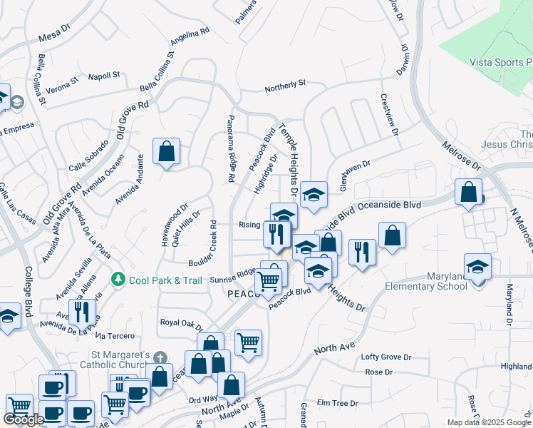 map of restaurants, bars, coffee shops, grocery stores, and more near 4749 Canterbury Court in Oceanside