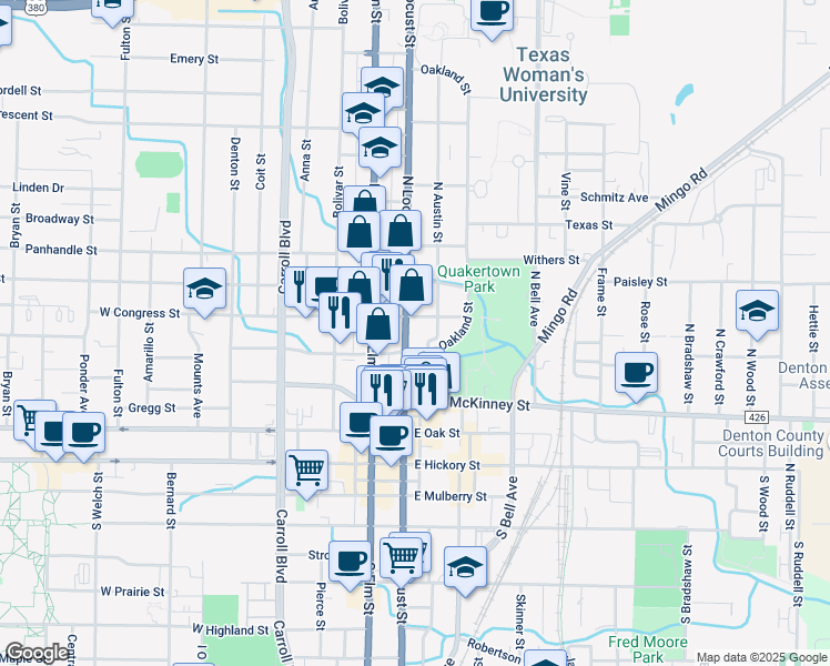 map of restaurants, bars, coffee shops, grocery stores, and more near 531 North Locust Street in Denton