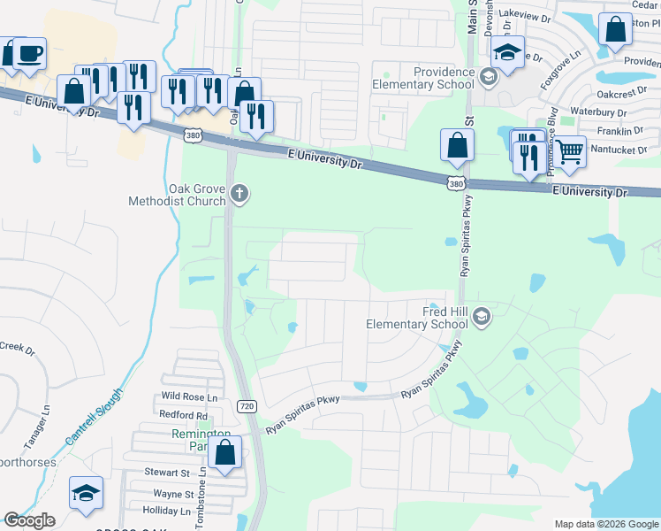 map of restaurants, bars, coffee shops, grocery stores, and more near 114 Doug Drive in Aubrey