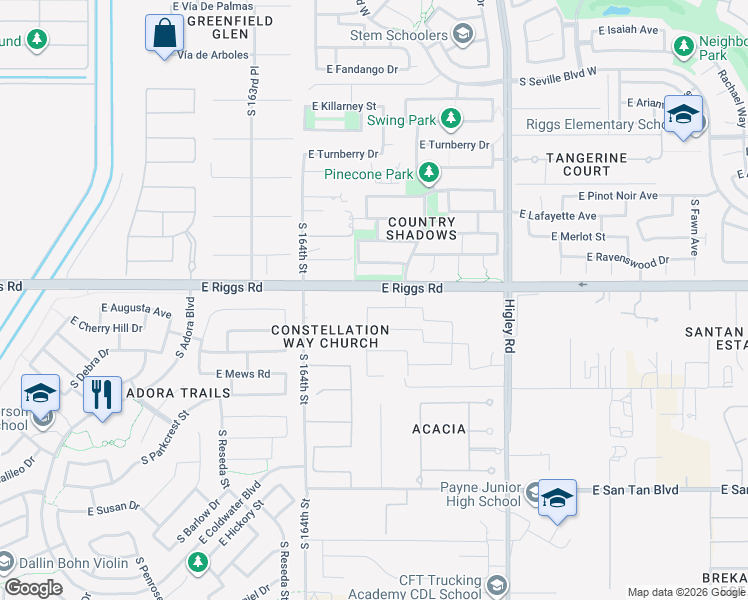 map of restaurants, bars, coffee shops, grocery stores, and more near 2937 East Ravenswood Drive in Gilbert