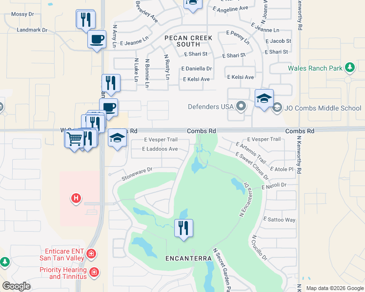 map of restaurants, bars, coffee shops, grocery stores, and more near 885 East Vesper Trail in San Tan Valley