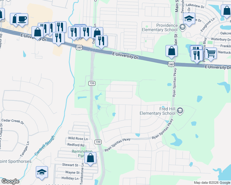 map of restaurants, bars, coffee shops, grocery stores, and more near Brandon Way in Aubrey