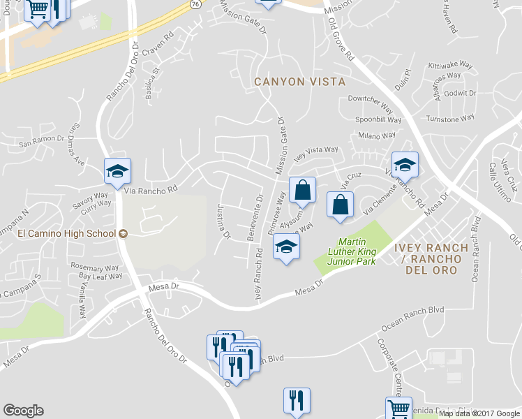 map of restaurants, bars, coffee shops, grocery stores, and more near 354 Benevente Drive in Oceanside
