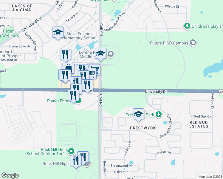 map of restaurants, bars, coffee shops, grocery stores, and more near 2147 East University Drive in Frisco