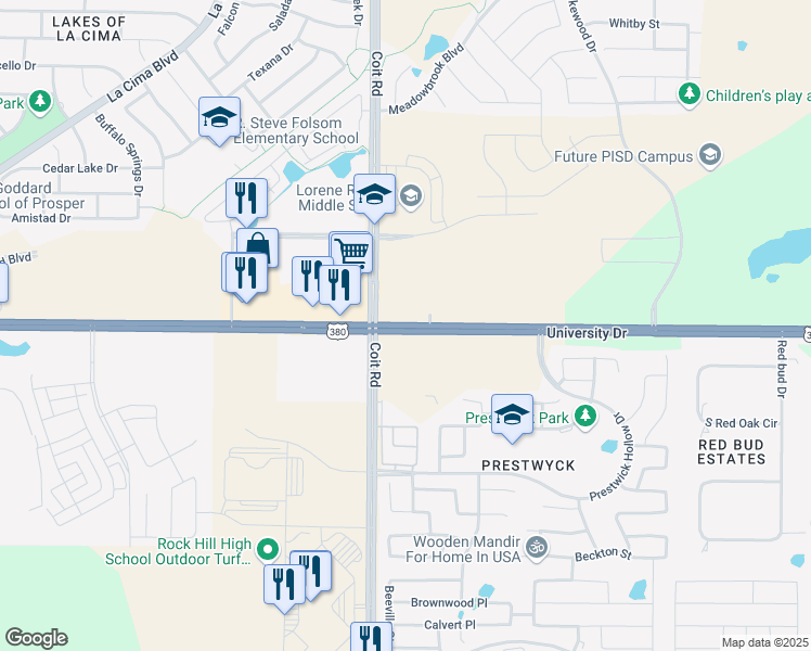 map of restaurants, bars, coffee shops, grocery stores, and more near 1710 US Highway 380 in Frisco
