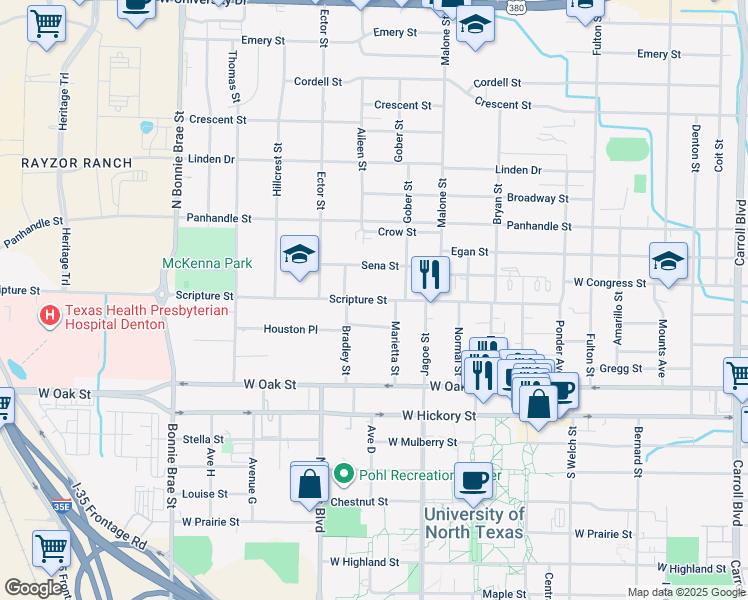 map of restaurants, bars, coffee shops, grocery stores, and more near 1911 Scripture Street in Denton