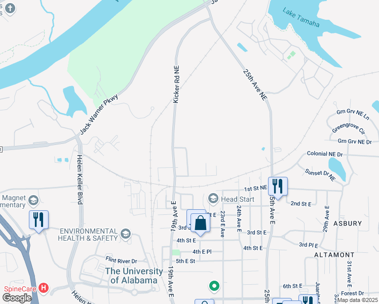 map of restaurants, bars, coffee shops, grocery stores, and more near 211 20th Avenue in Tuscaloosa