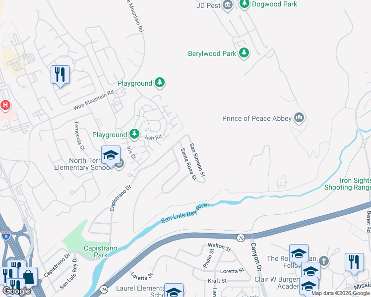 map of restaurants, bars, coffee shops, grocery stores, and more near 1436 Santa Rosa Street in Oceanside