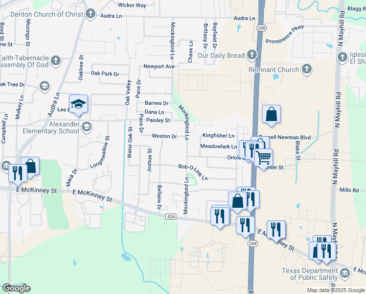 map of restaurants, bars, coffee shops, grocery stores, and more near 321 Mockingbird Lane in Denton