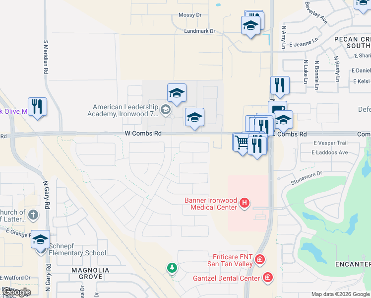 map of restaurants, bars, coffee shops, grocery stores, and more near 335 Pinnacle Ridge Drive in San Tan Valley