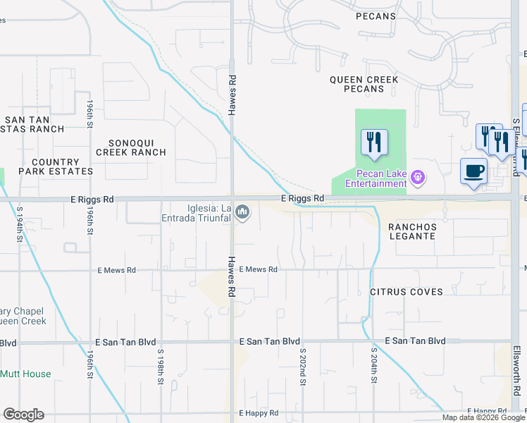 map of restaurants, bars, coffee shops, grocery stores, and more near 20015 East Riggs Road in Queen Creek