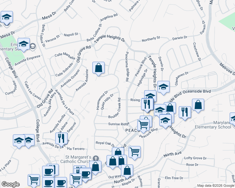 map of restaurants, bars, coffee shops, grocery stores, and more near 1583 Boulder Creek Road in Oceanside