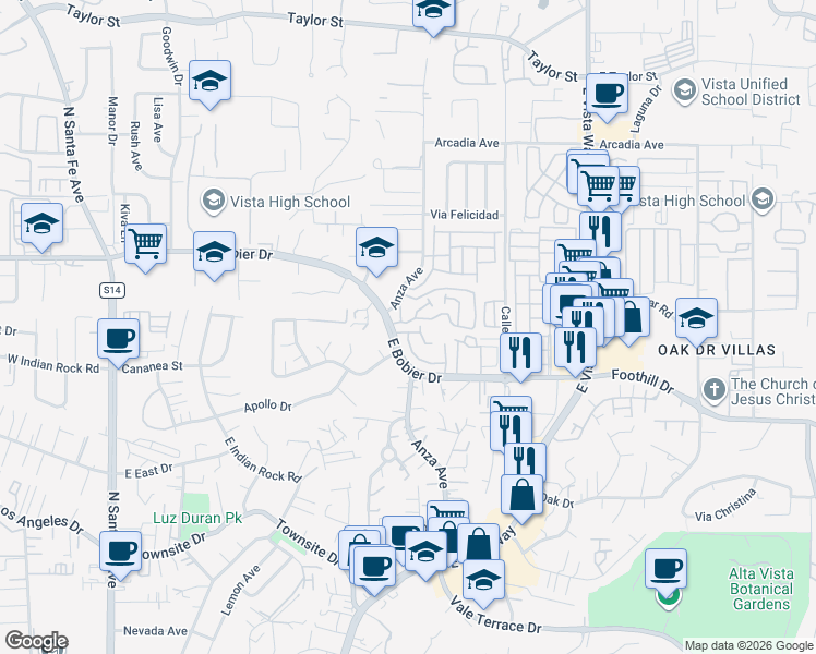 map of restaurants, bars, coffee shops, grocery stores, and more near 762 Nob Circle in Vista