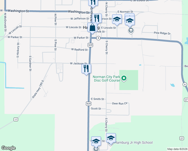 map of restaurants, bars, coffee shops, grocery stores, and more near 511 South Main Street in Hamburg