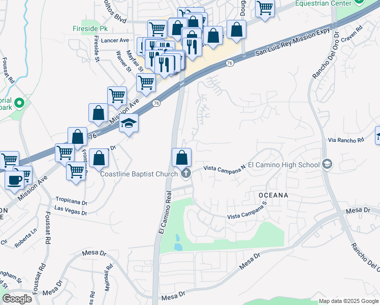 map of restaurants, bars, coffee shops, grocery stores, and more near 3660 Vista Campana North in Oceanside