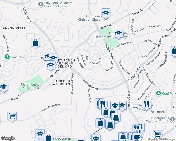 map of restaurants, bars, coffee shops, grocery stores, and more near 1315 Calle Ultimo in Oceanside