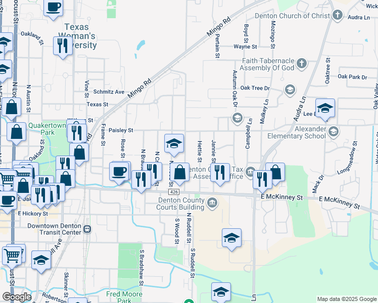 map of restaurants, bars, coffee shops, grocery stores, and more near 624 N Ruddell St in Denton