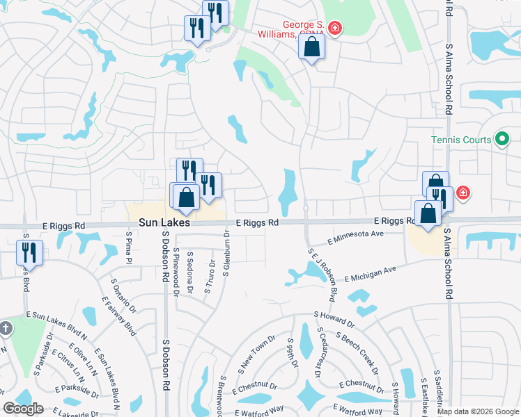 map of restaurants, bars, coffee shops, grocery stores, and more near 9836 East Stoney Vista Drive in Sun Lakes