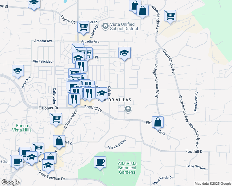 map of restaurants, bars, coffee shops, grocery stores, and more near 1424 Bonair Road in Vista