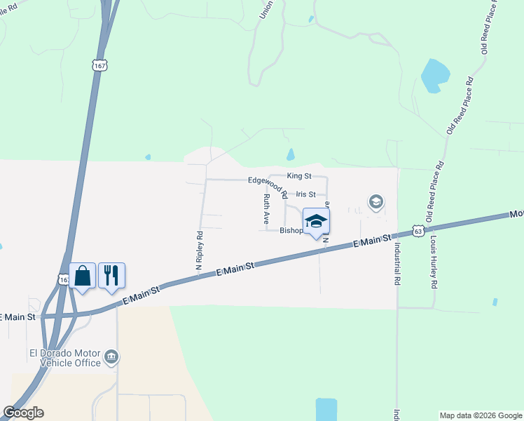 map of restaurants, bars, coffee shops, grocery stores, and more near 216 Ruth Avenue in El Dorado