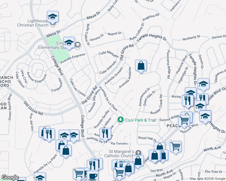 map of restaurants, bars, coffee shops, grocery stores, and more near 1688 Avenida Oceano in Oceanside