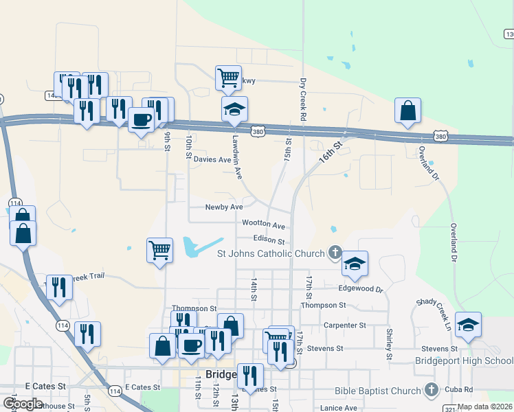 map of restaurants, bars, coffee shops, grocery stores, and more near 1310 Newby Avenue in Bridgeport