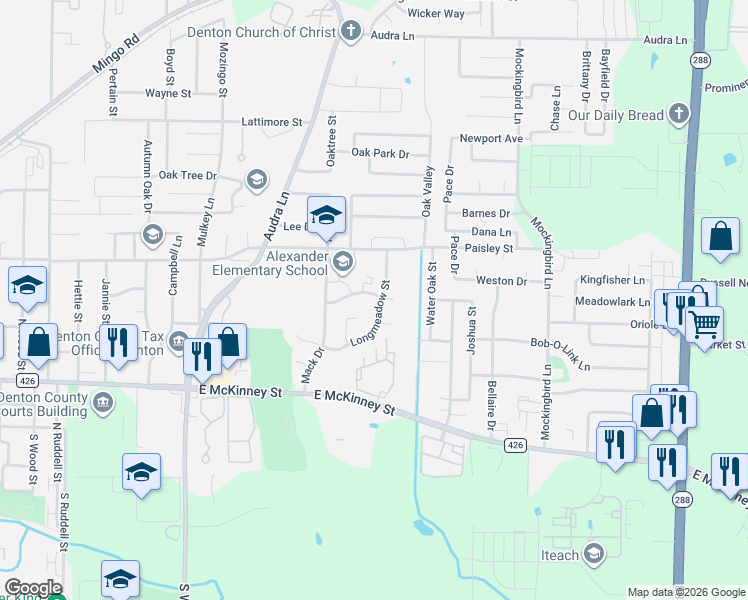 map of restaurants, bars, coffee shops, grocery stores, and more near 2319 Longmeadow Street in Denton