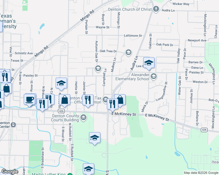 map of restaurants, bars, coffee shops, grocery stores, and more near 601 Mulkey Ln in Denton