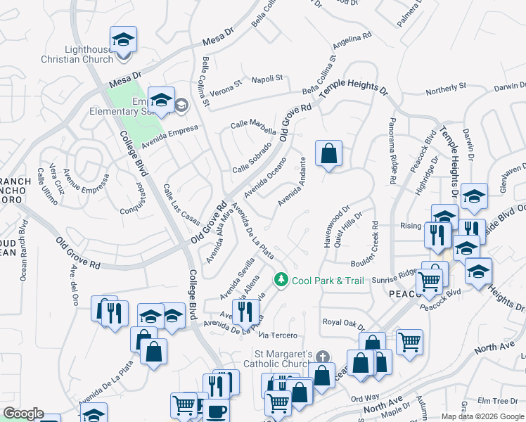 map of restaurants, bars, coffee shops, grocery stores, and more near 1688 Avenida Oceano in Oceanside