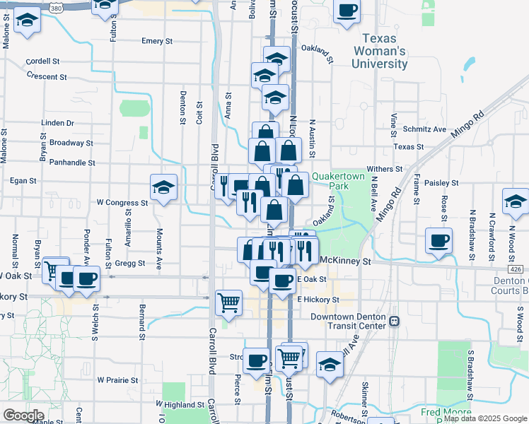 map of restaurants, bars, coffee shops, grocery stores, and more near 523a U.S. 377 in Denton