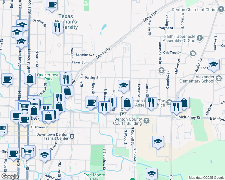 map of restaurants, bars, coffee shops, grocery stores, and more near 603 North Crawford Street in Denton