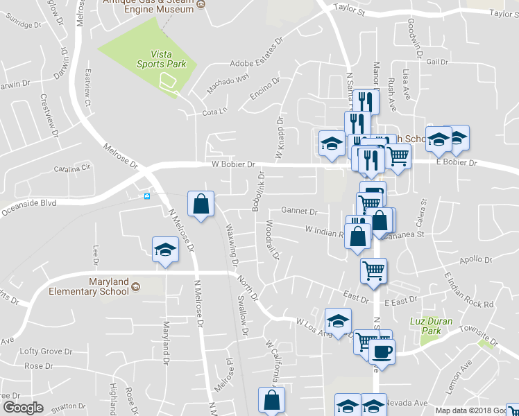 map of restaurants, bars, coffee shops, grocery stores, and more near 1259 Bobolink Drive in Vista
