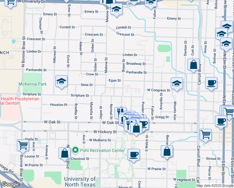map of restaurants, bars, coffee shops, grocery stores, and more near 1512 Scripture Street in Denton
