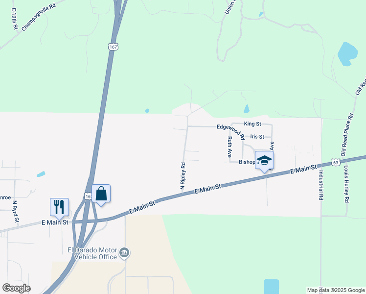 map of restaurants, bars, coffee shops, grocery stores, and more near 320 North Ripley Road in El Dorado